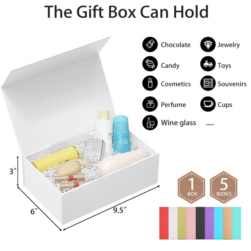 RYDDOY 5 Pack White Gift Box  9.5x6x3 ' ' Gift boxes for Presents with Lids Magnetic Closure Rectangle Collapsible for Bridesmaid Proposal Box  Wedding  Christmas  Halloween  Birthday Gift Packging - Image 2